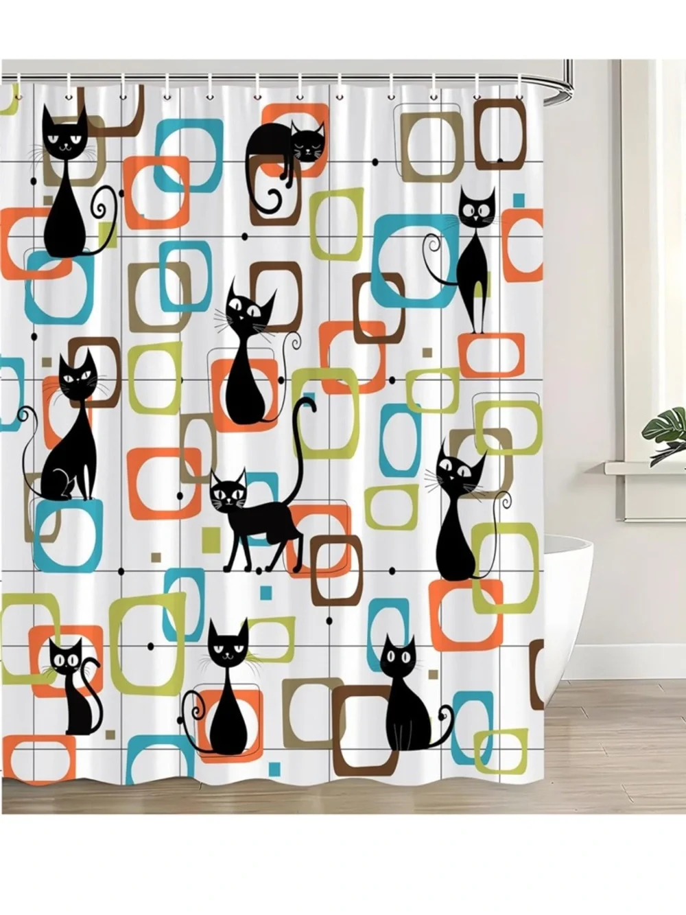 NEW Mid Century Modern Black Cat Geometric Shower Curtain - 70”x70” - Polyester